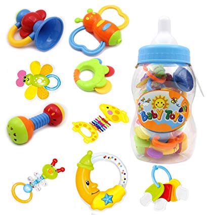Style-Carry Rattle Teether Set Baby Toys - Infants Baby Teether Rattle Toy Gift Sets (Bottle) (9 Pack)