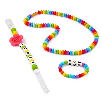 Accmor Rainbow Teething Necklace, “HONEY” Pacifier Clip, “WOW” or”MOM” Teething Bracelet Set Special for Girls Unique Meaningful and Stylish Silicone Baby Teether Toys BPA-Free