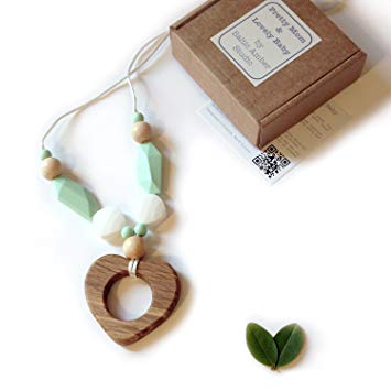 'Oak Heart' Designer Teething Necklace, Gift Box & Greeting Card; Oak Heart with Silicone &...