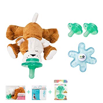 Nookums Paci-Plushies Bull Dog Gift Set - Pacifier Holder with Rattle, Teether and Replacement Pacifier 2 Pack...
