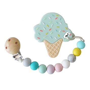 Eco-Friendly Ice Cream Teether & Silicone Pacifier Clip, Mint, Non-Toxic & BPA-Free