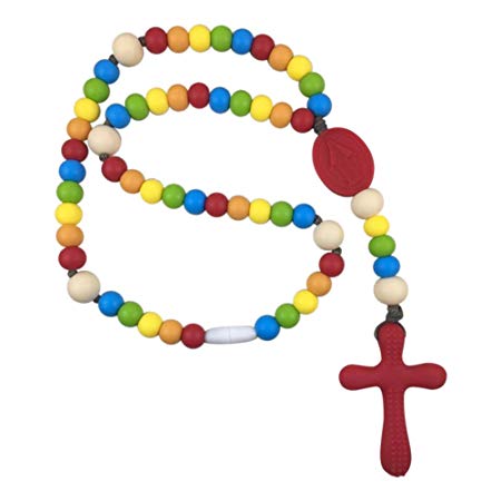 Chews Life Rainbow Rosary- Silicone Teething Rosary- Boys or Girls Baptism or Mass Toy