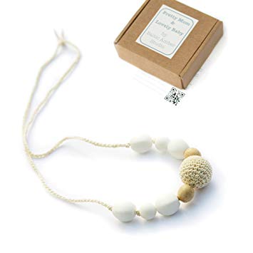 'Snowball' Designer Teething Necklace, Gift Box & Greeting Card; Crocheted, Wood & Silicone...