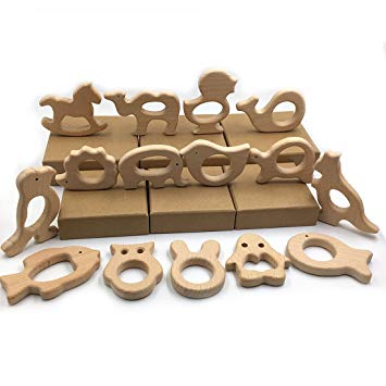 Amyster 15pcs Organic Natural Beech Wooden Toy Hand Cut Animal Baby Wooden Teether Eco-friendly Holder...