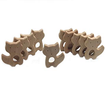 Amyster 10pcs Handmade Wooden Teether Fox Pendent Organic Natural Beech Wooden Toy Hand Cut...