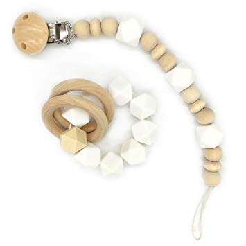 Amyster Wooden Baby Teether Ring Wood Pacifier Clip Organic Wood Montessori Toy Silicone Beads...