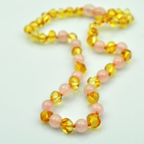 Rose Quartz Lemon Baltic Amber Polished Round Baroque Teething Necklace for Babies (Unisex) - Anti...