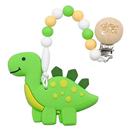 Glitter & Spice Non-Toxic BPA Free Silicon Dino Teether with Silicone Beads and Clip (Green)