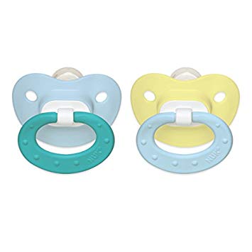 NUK Juicy Puller Silicone Pacifier in Blue and Yellow, 0-6 Months, 2 Count