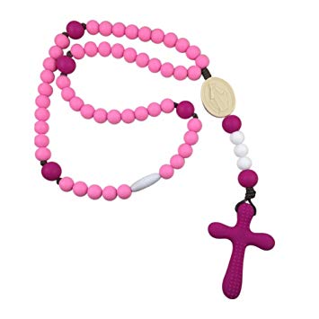 Chews Life Pink Rosary | Silicone Teething Rosary | Baby Boy or Girl Baptism or Mass Toy