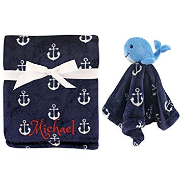 Personalized Animal Blanket & Security Blanket Set for Baby - Blue Whale | Custom Name Or Monogram (Navy)
