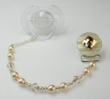 Crystal Dream Elegant Beige Swarovski Pearl and Crystal Sparkly Gift Unisex Infant Pacifier Clip 8 Inch...