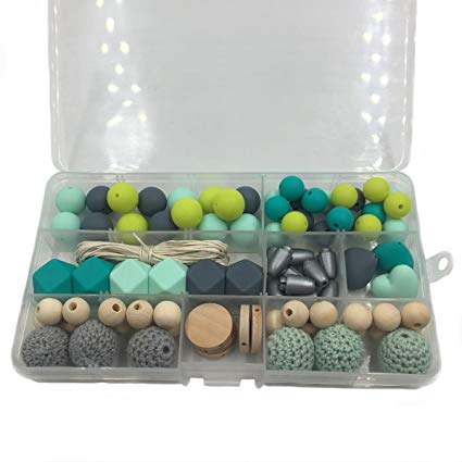 Wendysun DIY Baby Teether Beaded Accessories Boxed Mixed Color Geometric Polygonal Silicone Beads,Round Wood Beads,Crochet beads For Moms and Babies Silicone Teether Craft Beads Necklaces