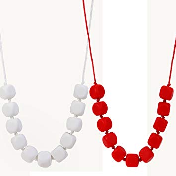 MyBoo Autism/Sensory/Teething Chewable Funky Square Beaded Necklace - Set of 2, White/Red