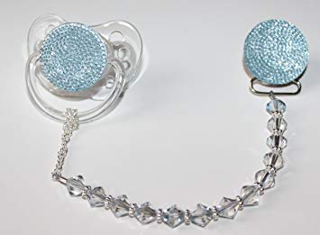Luxury Blue Crystal from Swarovski Beads and Blue Glitter Baby Boy Sparkly Gift Pacifier Clip (CSGB)